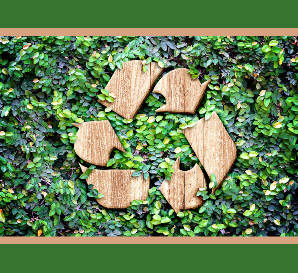 Recycle Symbol made of wood on green leaves